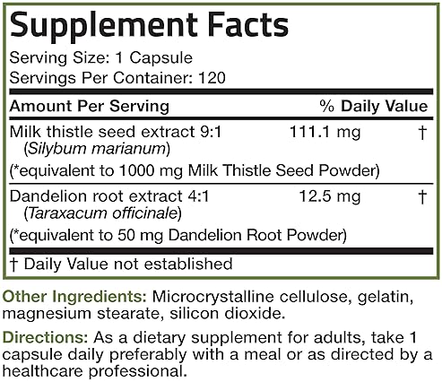 BRONSON MILK THISTLE DANDELION ROOT CAPSULES LIVER DETOX, ANTIOXIDANT SUPPORT, 120 COUNT