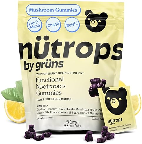GRUNS NUTROPS LIONS MANE MUSHROOM GUMMIES WITH REISHI, CHAGA CORDYCEPS BRAIN, MEMORY FOCUS SUPPORT, 28 PAC