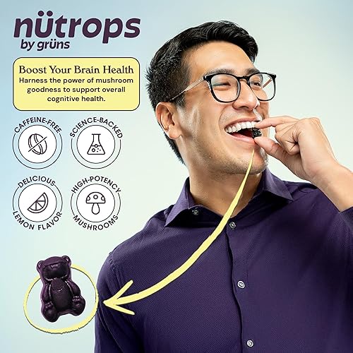GRUNS NUTROPS LIONS MANE MUSHROOM GUMMIES WITH REISHI, CHAGA CORDYCEPS BRAIN, MEMORY FOCUS SUPPORT, 28 PAC