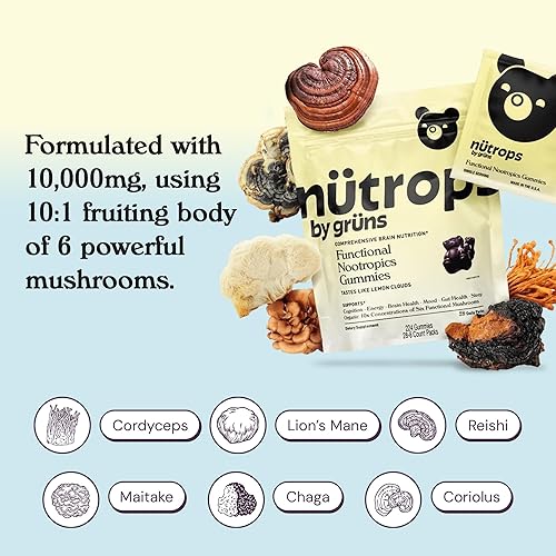 GRUNS NUTROPS LIONS MANE MUSHROOM GUMMIES WITH REISHI, CHAGA CORDYCEPS BRAIN, MEMORY FOCUS SUPPORT, 28 PAC