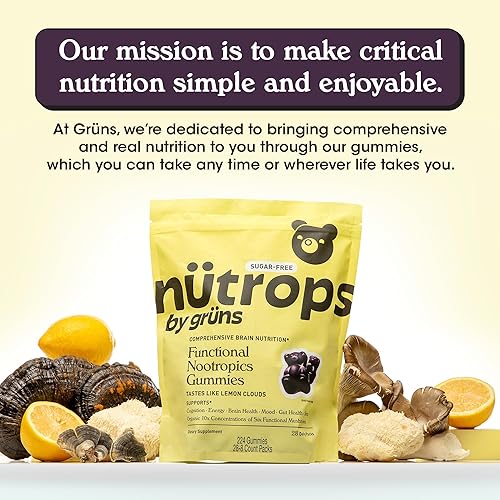 GRUNS NUTROPS LIONS MANE MUSHROOM GUMMIES WITH REISHI, CHAGA CORDYCEPS BRAIN, MEMORY FOCUS SUPPORT, 28 PAC