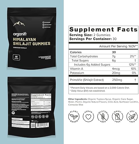 ORGANIFI SHILAJIT GUMMIES WITH PRIMAVIE HIMALAYAN SHILAJIT, 40 MINERALS, ENERGY BOOST, 60CT