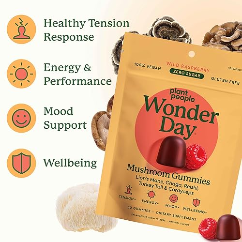PLANT PEOPLE WONDERDAY MUSHROOM GUMMIES LION S MANE, CORDYCEPS, CHAGA, IMMUNE ENERGY BOOST, VEGAN, 6