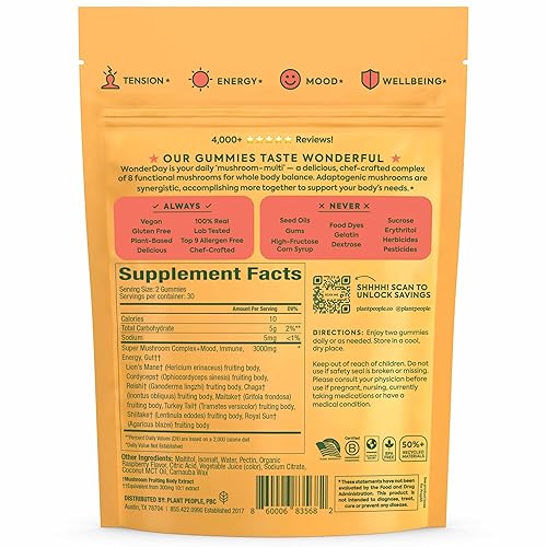 PLANT PEOPLE WONDERDAY MUSHROOM GUMMIES LION S MANE, CORDYCEPS, CHAGA, IMMUNE ENERGY BOOST, VEGAN, 6