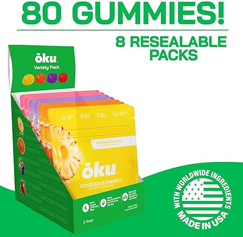 ōKU ENERGY CHEWS VARIETY PACK NATURAL CAFFEINE GUMMIES WITH GREEN TEA, YERBA MATE FIBER