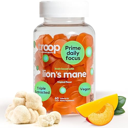 TROOP LIONS MANE GUMMIES VEGAN BRAIN BOOST, FOCUS MEMORY SUPPORT, PEACH MANGO, 60 COUNT