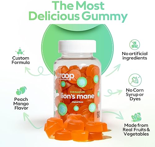 TROOP LIONS MANE GUMMIES VEGAN BRAIN BOOST, FOCUS MEMORY SUPPORT, PEACH MANGO, 60 COUNT