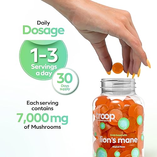TROOP LIONS MANE GUMMIES VEGAN BRAIN BOOST, FOCUS MEMORY SUPPORT, PEACH MANGO, 60 COUNT