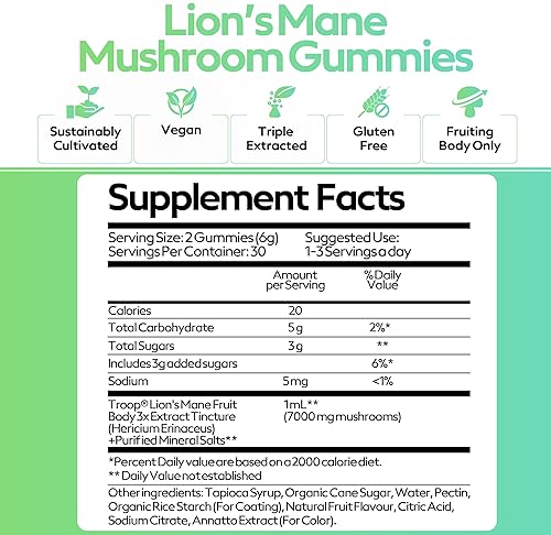 TROOP LIONS MANE GUMMIES VEGAN BRAIN BOOST, FOCUS MEMORY SUPPORT, PEACH MANGO, 60 COUNT