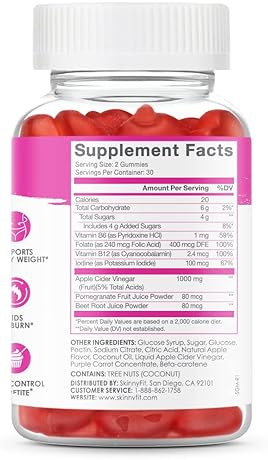 SKINNYFIT APPLE CIDER VINEGAR GUMMIES WITH VITAMINS B9, B12, BEETROOT, POMEGRANATE 60 COUNT