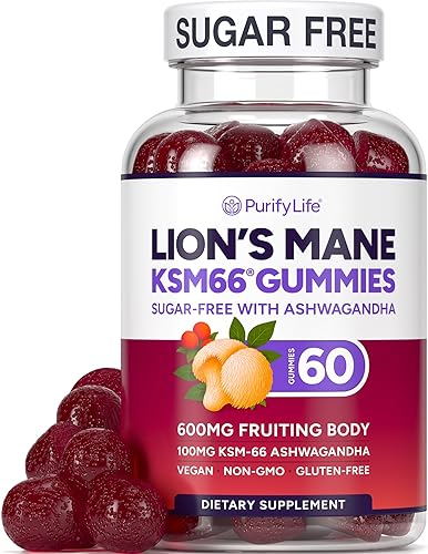 PURIFY LIFE SUGAR-FREE LIONS MANE GUMMIES NATURAL BERRY NOOTROPIC FOR BRAIN STRESS 60CT
