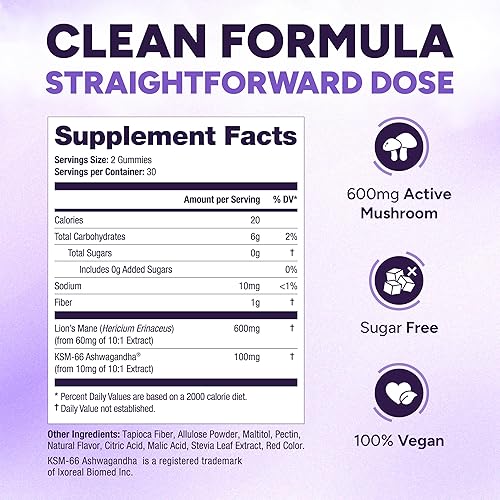 PURIFY LIFE SUGAR-FREE LIONS MANE GUMMIES NATURAL BERRY NOOTROPIC FOR BRAIN STRESS 60CT