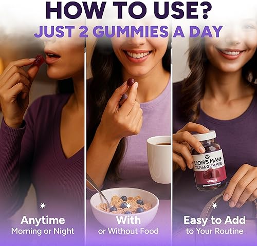 PURIFY LIFE SUGAR-FREE LIONS MANE GUMMIES NATURAL BERRY NOOTROPIC FOR BRAIN STRESS 60CT
