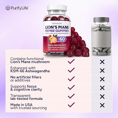 PURIFY LIFE SUGAR-FREE LIONS MANE GUMMIES NATURAL BERRY NOOTROPIC FOR BRAIN STRESS 60CT
