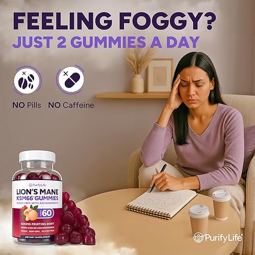 PURIFY LIFE SUGAR-FREE LIONS MANE GUMMIES NATURAL BERRY NOOTROPIC FOR BRAIN STRESS 60CT
