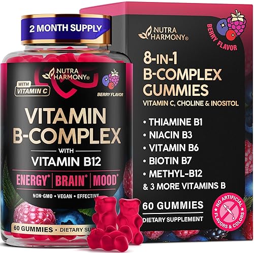 NUTRA VITAMIN B-COMPLEX GUMMIES FOR MEN WOMEN B12, B1-B9, VITAMIN C, CHOLINE VEGAN, 60 COUNT