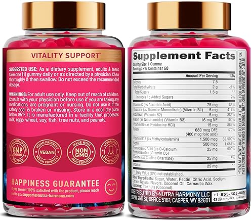 NUTRA VITAMIN B-COMPLEX GUMMIES FOR MEN WOMEN B12, B1-B9, VITAMIN C, CHOLINE VEGAN, 60 COUNT