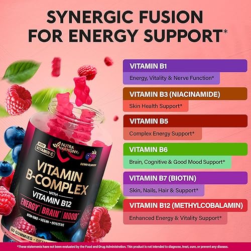 NUTRA VITAMIN B-COMPLEX GUMMIES FOR MEN WOMEN B12, B1-B9, VITAMIN C, CHOLINE VEGAN, 60 COUNT