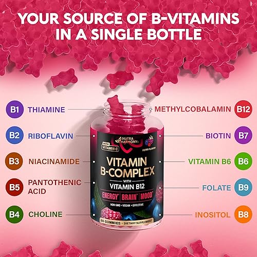 NUTRA VITAMIN B-COMPLEX GUMMIES FOR MEN WOMEN B12, B1-B9, VITAMIN C, CHOLINE VEGAN, 60 COUNT