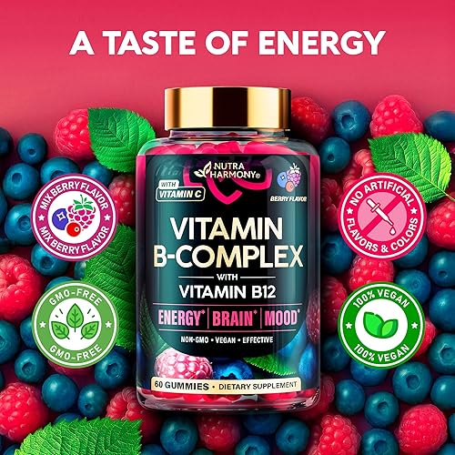 NUTRA VITAMIN B-COMPLEX GUMMIES FOR MEN WOMEN B12, B1-B9, VITAMIN C, CHOLINE VEGAN, 60 COUNT