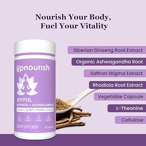 HEALTHAPPINESS NUTRITION UPNOURISH ORGANIC ASHWAGANDHA SAFFRON PROBIOTICS - STRESS RELIEF, MOOD, FOCUS, 30 VEGAN CAPS