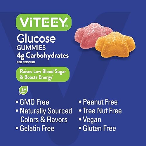 VITEEY VEGAN GLUCOSE GUMMIES FOR MEN, WOMEN TEENS 4G CARBS, GMO GLUTEN FREE, FRUIT FLAVOR