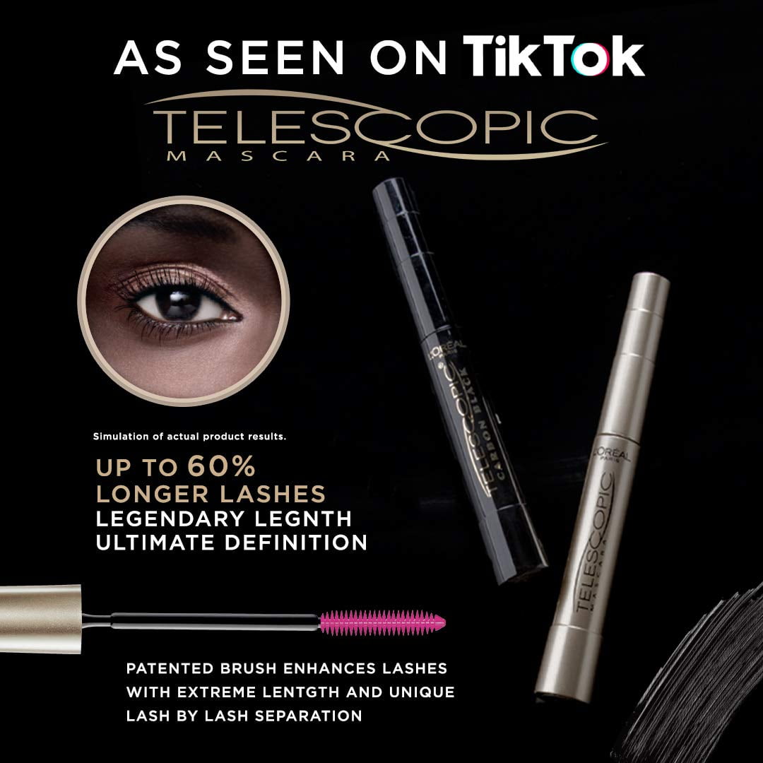 LOREAL PARIS TELESCOPIC MASCARA BLACKEST BLACK 0.27 OZ LENGTHENING WATERPROOF LASH ENHANCER