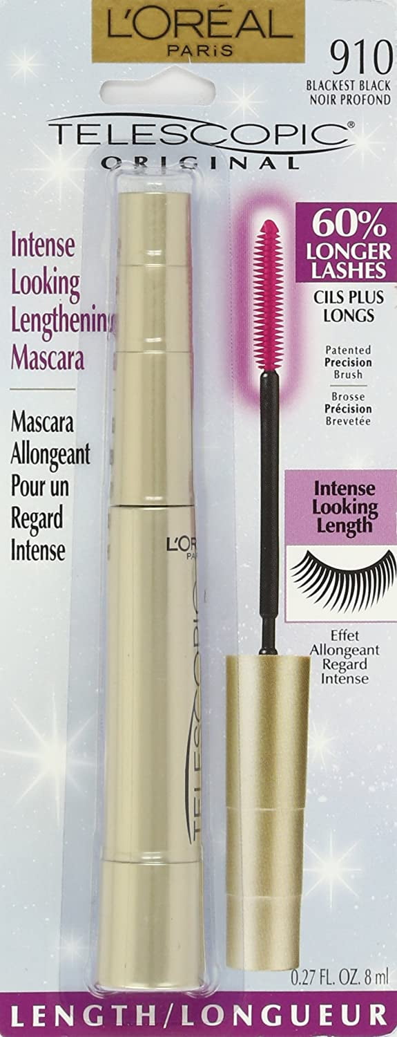 LOREAL PARIS TELESCOPIC MASCARA BLACKEST BLACK 0.27 OZ LENGTHENING WATERPROOF LASH ENHANCER