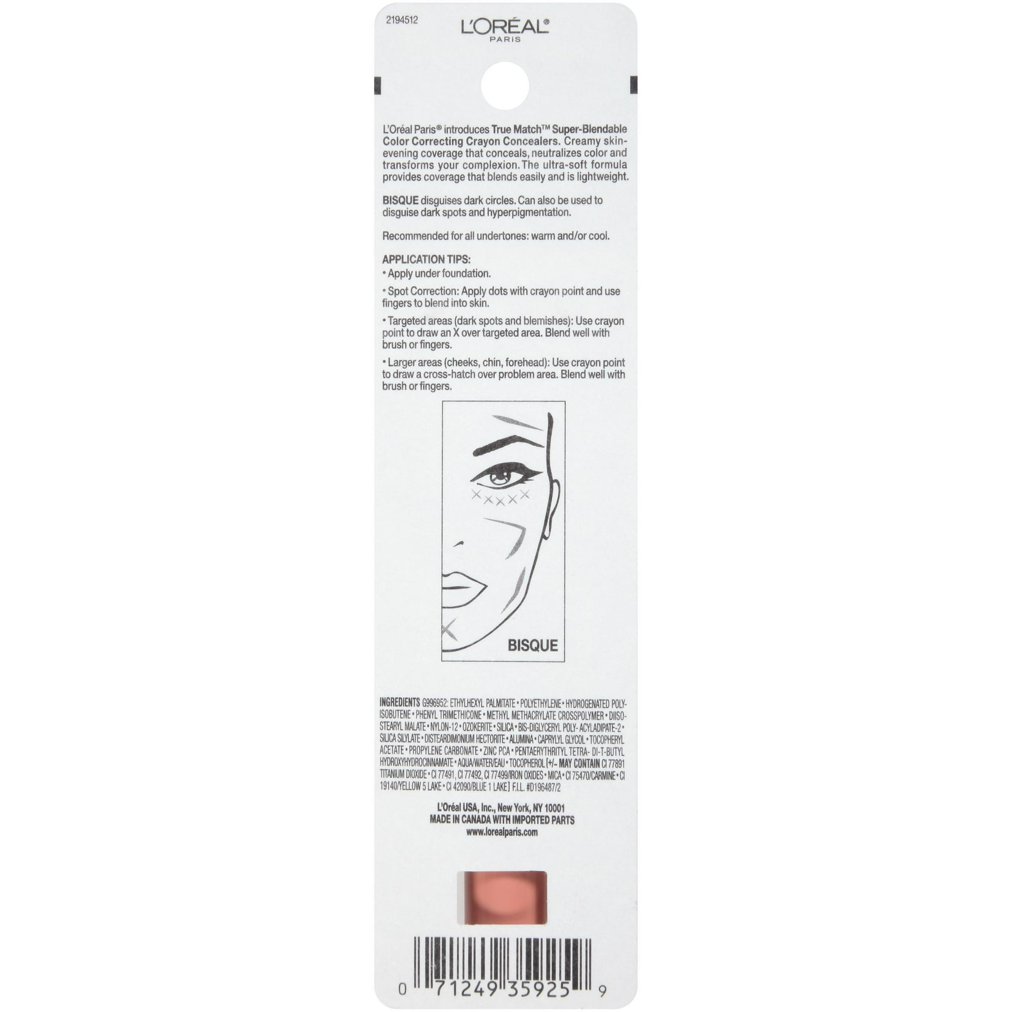 LOREAL PARIS TRUE MATCH CORRECTING CRAYON CONCEALER BISQUE, 0.1 FL OZ, FLAWLESS COVERAGE