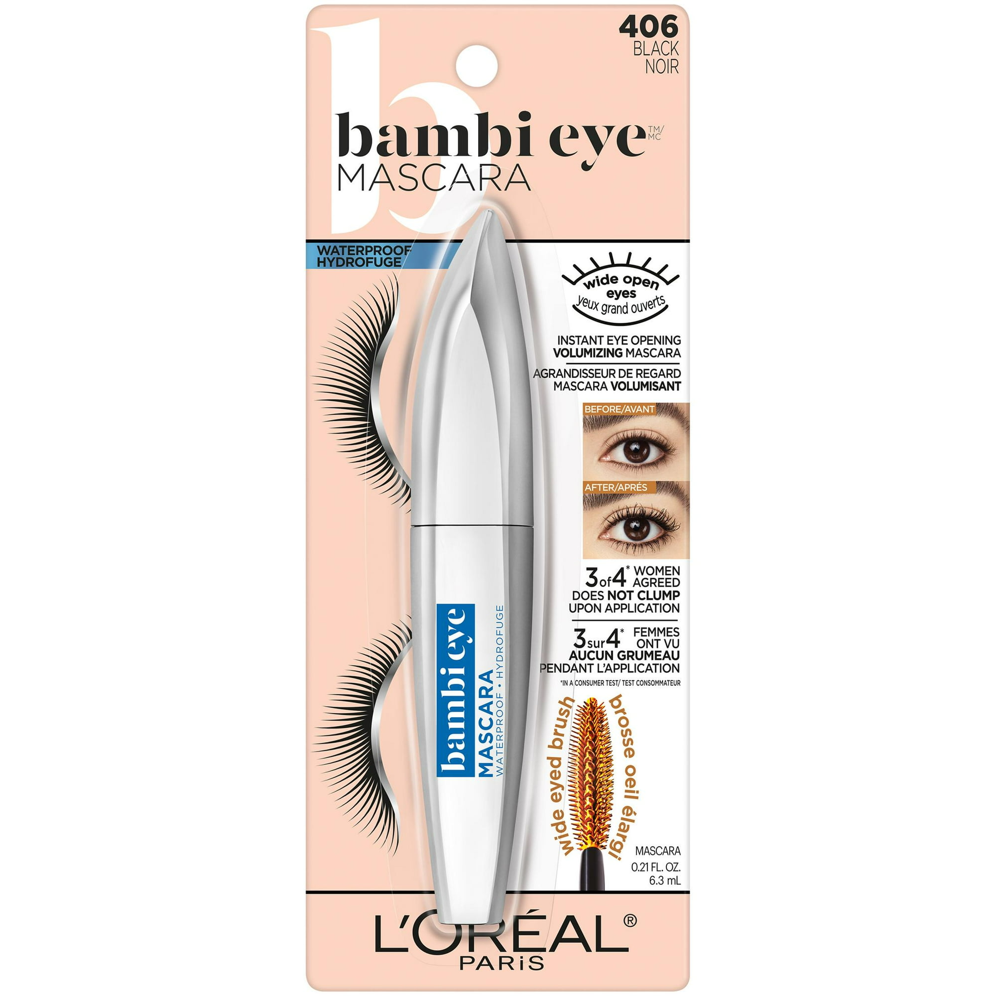 LOREAL PARIS BAMBI EYE WATERPROOF MASCARA BLACK, LONG-LASTING VOLUME, 0.21 FL OZ