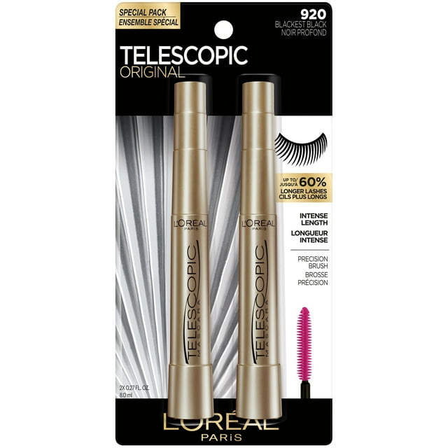 LOREAL PARIS TELESCOPIC WASHABLE MASCARA BLACKEST BLACK 2 PACK LONG-LASTING VOLUME