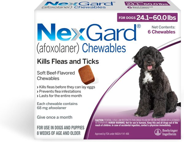 NEXGARD CHEWABLES FOR DOGS, 24.1-60 LBS, (PURPLE BOX), 6 CHEWABLE TABLETS (6-MOS. SUPPLY)
