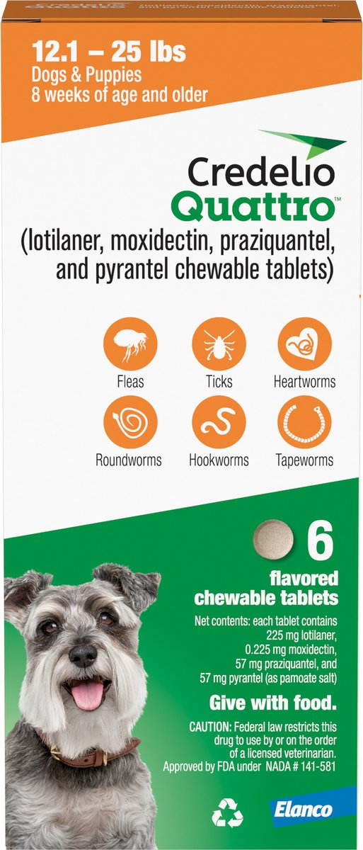 CREDELIO QUATTRO CHEWABLE TABLETS FOR DOGS, 12.1-25 LBS, 6 CHEWABLES (6-MOS. SUPPLY)