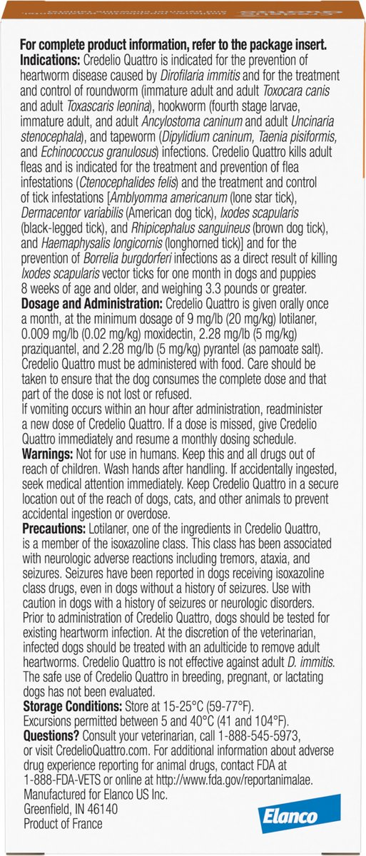 CREDELIO QUATTRO CHEWABLE TABLETS FOR DOGS, 12.1-25 LBS, 6 CHEWABLES (6-MOS. SUPPLY)