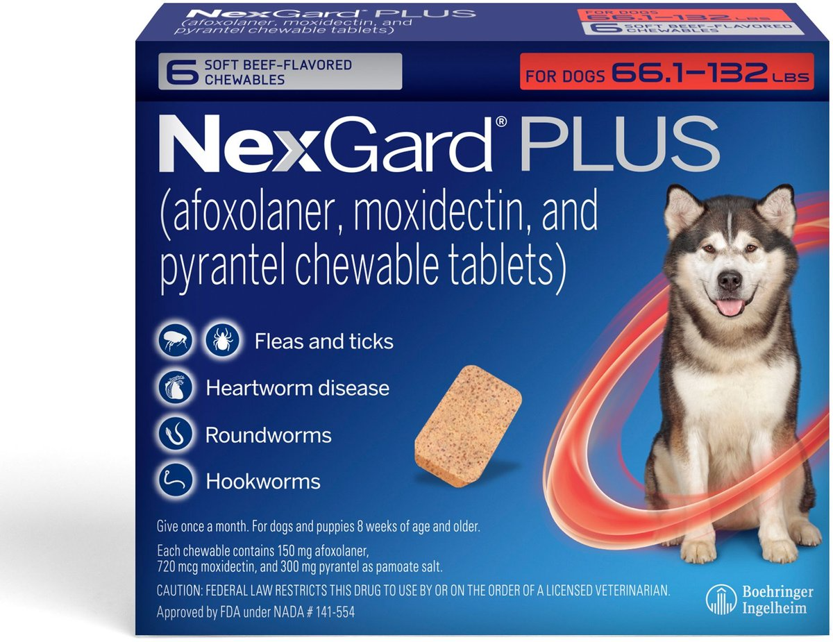 NEXGARD PLUS CHEWABLES FOR DOGS, 66.1-132 LBS. (RED BOX) 6 CHEWABLE TABLETS (6-MOS. SUPPLY)