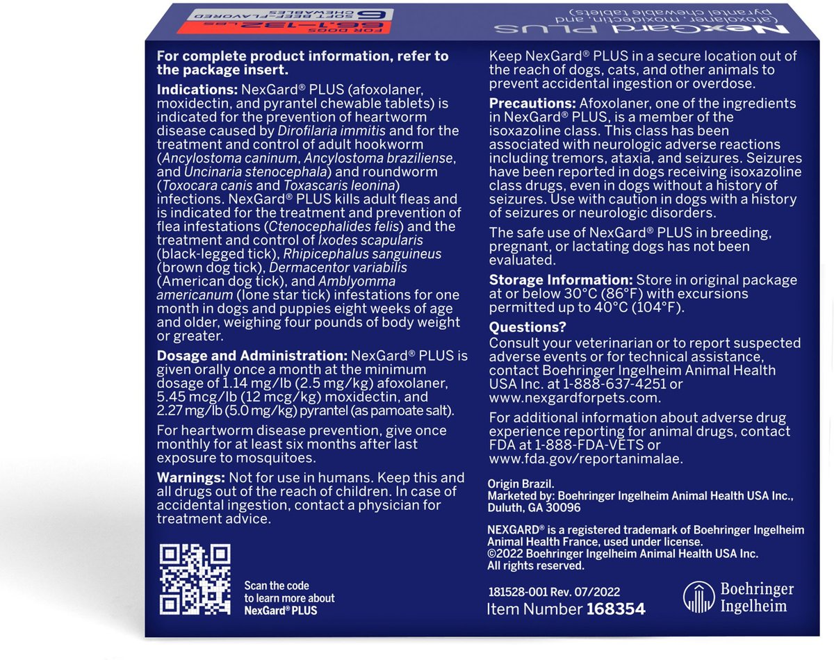 NEXGARD PLUS CHEWABLES FOR DOGS, 66.1-132 LBS. (RED BOX) 6 CHEWABLE TABLETS (6-MOS. SUPPLY)
