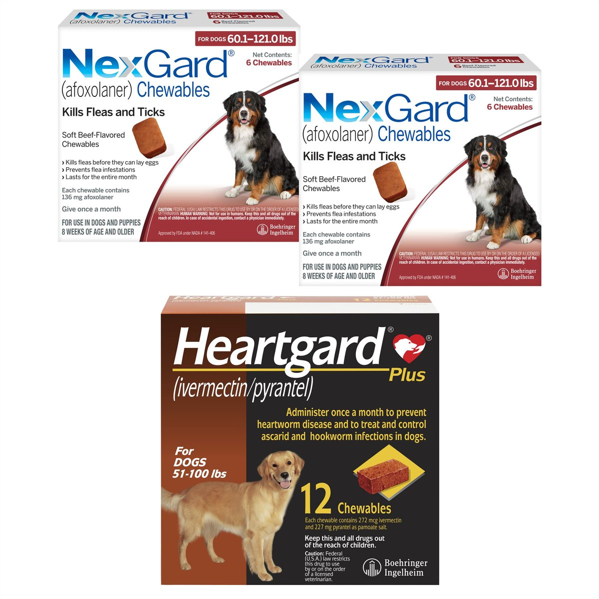 NEXGARD CHEW, 60.1-121 LBS, (RED BOX), 12 CHEWS (12-MOS. SUPPLY) + HEARTGARD PLUS CHEW FOR DOGS, 51-100 LBS, (BROWN BOX), 12 CHEWS (12-MOS. SUPPLY)