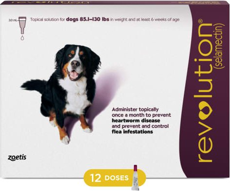 REVOLUTION TOPICAL SOLUTION FOR DOGS, 85.1-130 LBS, (PLUM BOX), 12 DOSES (12-MOS. SUPPLY)