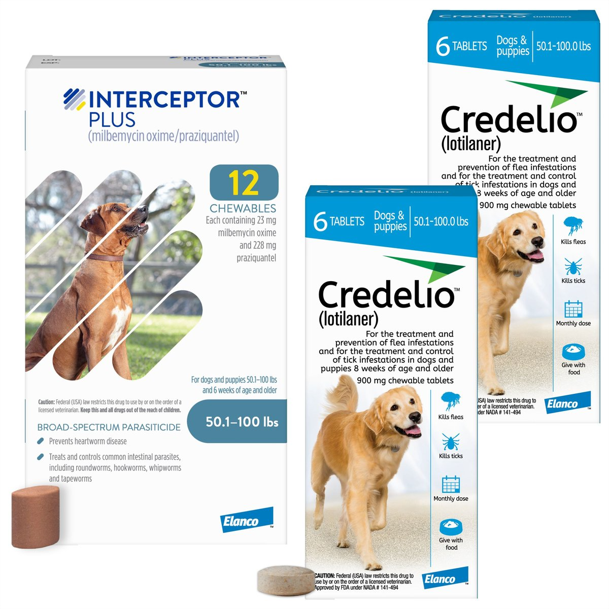 CREDELIO CHEWABLE TABLET, 50.1-100 LBS, (BLUE BOX), 12 CHEWABLE TABLETS (12-MOS. SUPPLY) + INTERCEPTOR PLUS CHEW FOR DOGS, 50.1-100 LBS, (BLUE BOX), 12 CHEWS (12-MOS. SUPPLY)