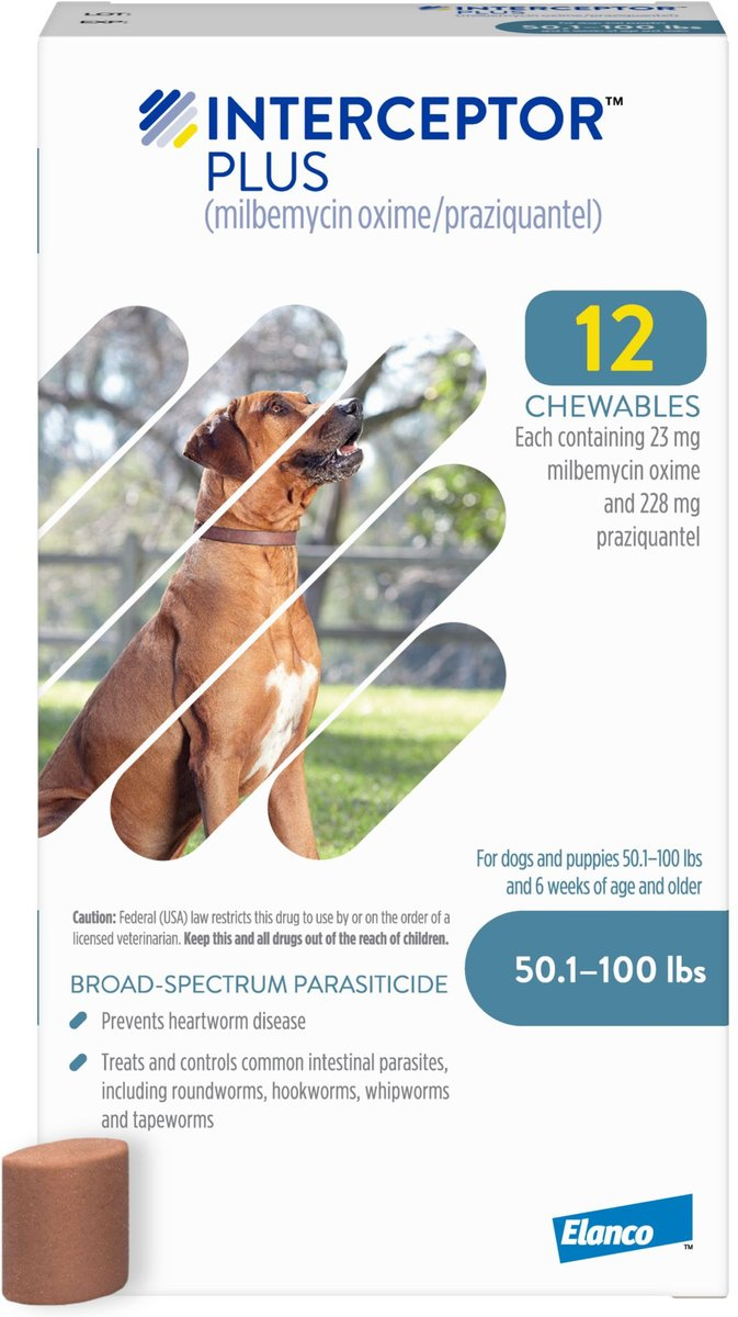CREDELIO CHEWABLE TABLET, 50.1-100 LBS, (BLUE BOX), 12 CHEWABLE TABLETS (12-MOS. SUPPLY) + INTERCEPTOR PLUS CHEW FOR DOGS, 50.1-100 LBS, (BLUE BOX), 12 CHEWS (12-MOS. SUPPLY)