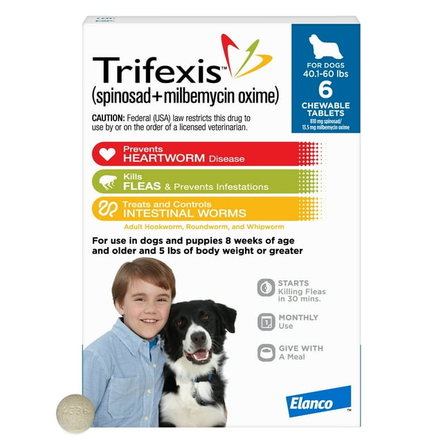 TRIFEXIS CHEWABLE TABLET FOR DOGS, 40.1-60 LBS, (BLUE BOX), 12 CHEWABLE TABLETS (12-MOS. SUPPLY)