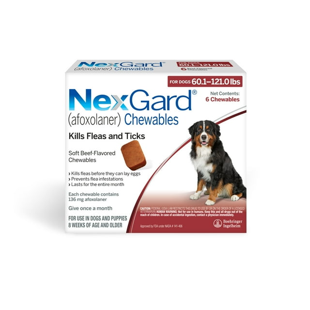 NEXGARD CHEWABLES FOR DOGS, 60.1-121 LBS, (RED BOX), 6 CHEWABLE TABLETS, BUNDLE OF 2 (12-MOS. SUPPLY)