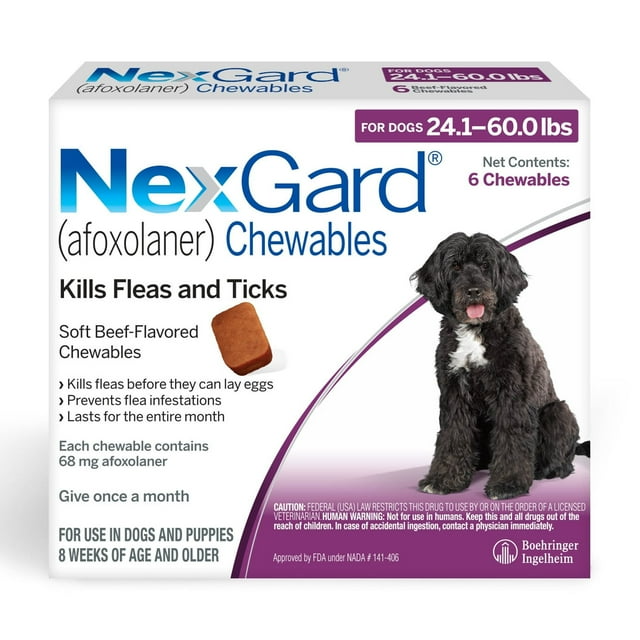 NEXGARD CHEWABLES FOR DOGS, 24.1-60 LBS, (PURPLE BOX), 6 CHEWABLE TABLETS, BUNDLE OF 2 (12-MOS. SUPPLY)