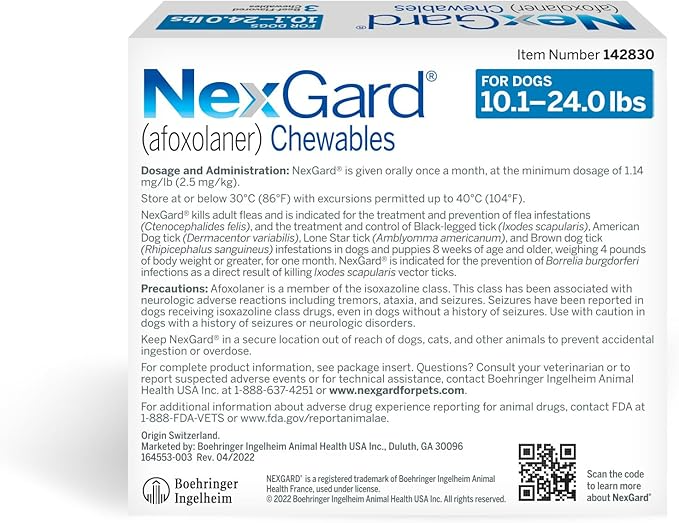 NEXGARD CHEWABLES FOR DOGS, 10.1-24 LBS, (BLUE BOX), 6 CHEWABLE TABLETS, BUNDLE OF 2 (12-MOS. SUPPLY)