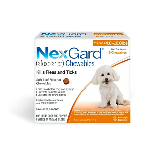 NEXGARD CHEWABLES FOR DOGS, 4-10 LBS, (ORANGE BOX), 6 CHEWABLE TABLETS, BUNDLE OF 2 (12-MOS. SUPPLY)