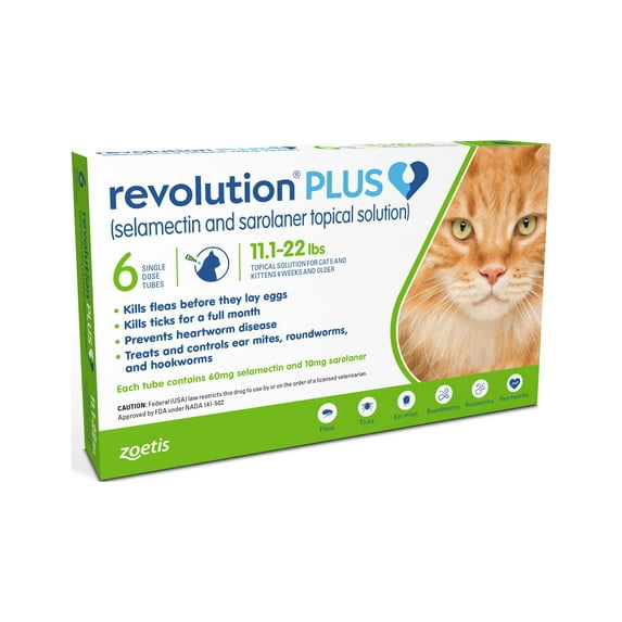 REVOLUTION PLUS TOPICAL SOLUTION FOR CATS, 11.1-22 LBS, (GREEN BOX), 12 DOSES (12-MOS. SUPPLY)