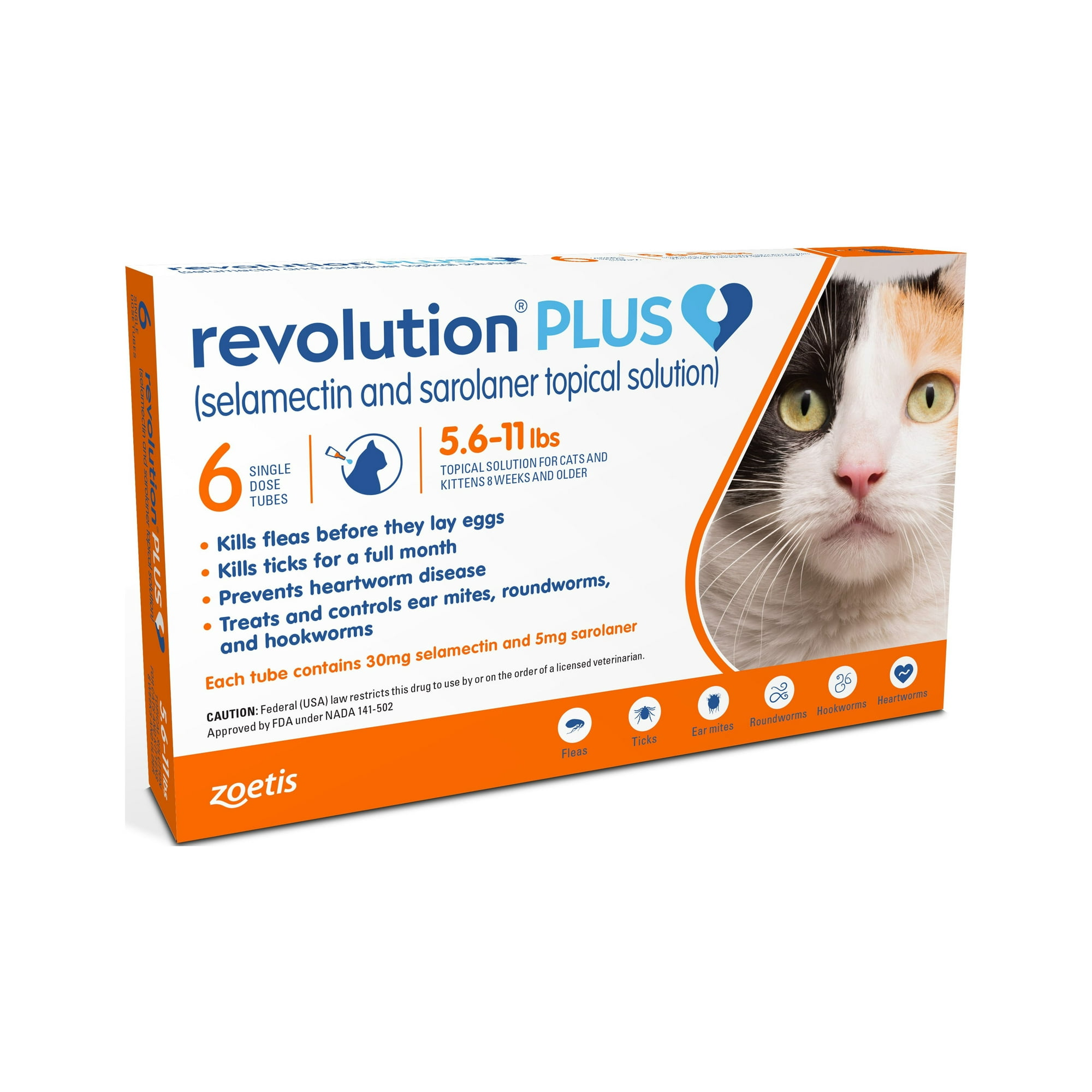 REVOLUTION PLUS TOPICAL SOLUTION FOR CATS, 5.6-11 LBS, (ORANGE BOX), 12 DOSES (12-MOS. SUPPLY)