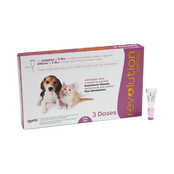REVOLUTION TOPICAL SOLUTION FOR KITTENS & PUPPIES, UNDER 5 LBS, (MAUVE BOX), 12 DOSES (12-MOS. SUPPLY)