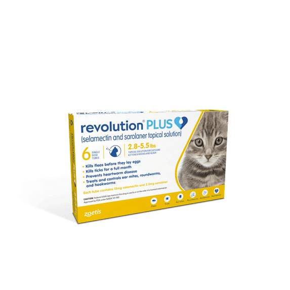 REVOLUTION PLUS TOPICAL SOLUTION FOR CATS, 2.8-5.5 LBS, (GOLD BOX), 12 DOSES (12-MOS. SUPPLY)