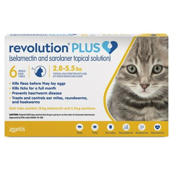 REVOLUTION PLUS TOPICAL SOLUTION FOR CATS, 2.8-5.5 LBS, (GOLD BOX), 12 DOSES (12-MOS. SUPPLY)